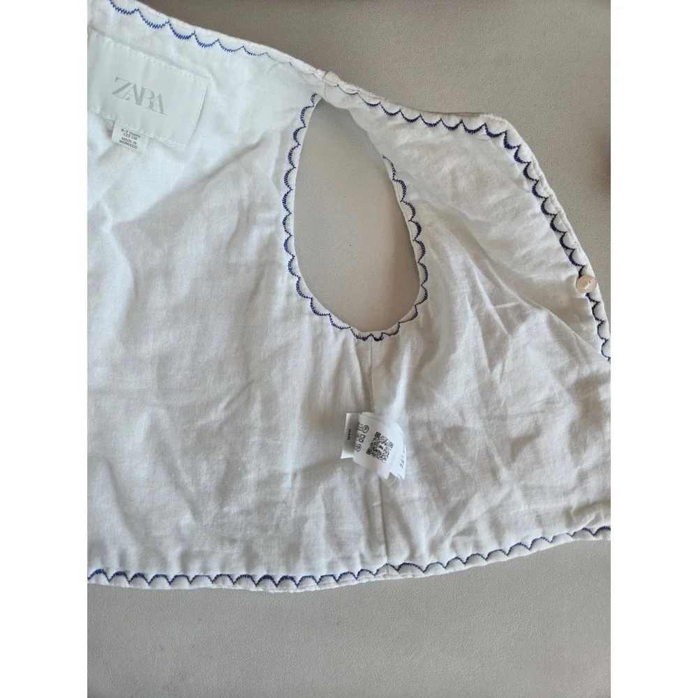 Zara Girls White Quilted Cotton Vest Blue Scallop Beaded Size 6-7Y‎ Coastal Boho